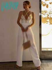 Lunivop Chic Women Summer Sexy V Neck Studded White Backless Bodycon Flare Bandage Jumpsuit