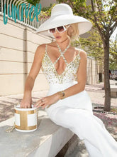 Lunivop Chic Women Summer Sexy V Neck Studded White Backless Bodycon Flare Bandage Jumpsuit