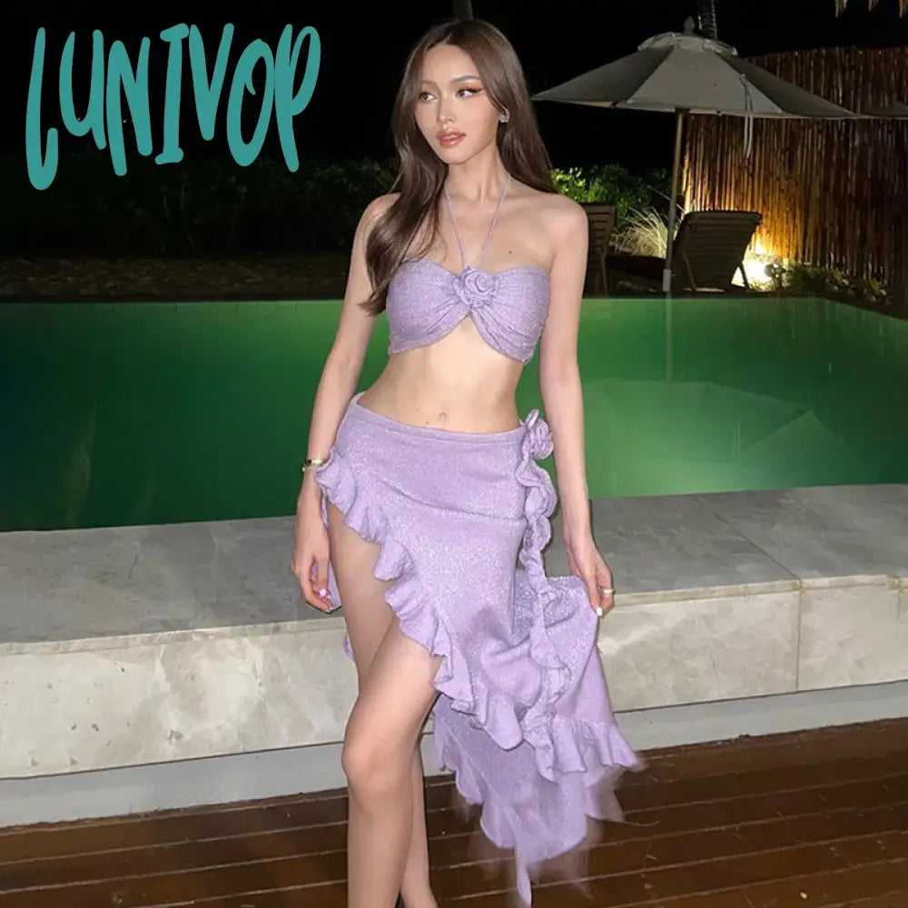 Lunivop Chic Women’s 2 Piece Summer Outfits Sexy Strapless 3D Rosette Tube Tops + Asymmetrical