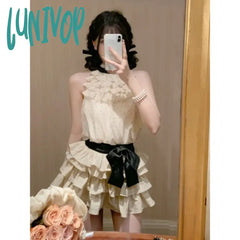 Lunivop Chiffon 2 Piece Skirts Sets Outwear Casual Y2K Crop Tops Sleeveless + Mini Korean Fashion