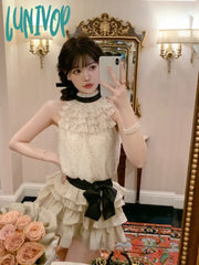 Lunivop Chiffon 2 Piece Skirts Sets Outwear Casual Y2K Crop Tops Sleeveless + Mini Korean Fashion