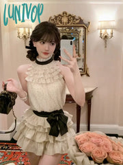 Lunivop Chiffon 2 Piece Skirts Sets Outwear Casual Y2K Crop Tops Sleeveless + Mini Korean Fashion