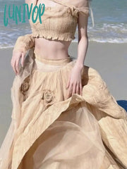 Lunivop Chiffon Beach Party Two Piece Set Women Flower France Vintage Midi Skirt Suit Female
