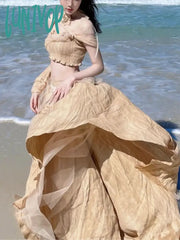 Lunivop Chiffon Beach Party Two Piece Set Women Flower France Vintage Midi Skirt Suit Female