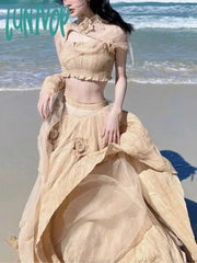 Lunivop Chiffon Beach Party Two Piece Set Women Flower France Vintage Midi Skirt Suit Female