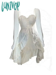 Lunivop Chiffon Fashion Outfits 2 Piece Skirt Set Sexy Strap Dress + Beige Long Tops Ruched Mori