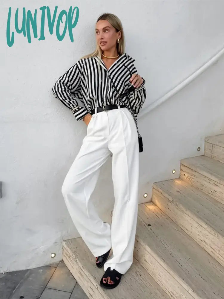 Lunivop Classic Black Striped Blouse Women Spring Long Sleeve Single Breasted Lapel Collar Blouses