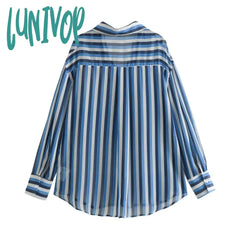 Lunivop Classic Striped Contrast Blouses 2024 New Long Sleeve Lapel Collar Single Breasted Blouse