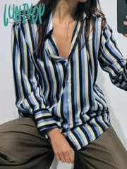 Lunivop Classic Striped Contrast Blouses 2024 New Long Sleeve Lapel Collar Single Breasted Blouse