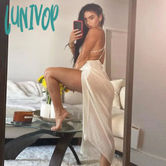 Lunivop Club Crochet Beach Maxi Dress For Women See Through Sexy Plunge Backless Bandage Sleeveless