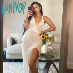 Lunivop Club Crochet Beach Maxi Dress For Women See Through Sexy Plunge Backless Bandage Sleeveless
