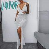 Lunivop Club Crochet Beach Maxi Dress For Women See Through Sexy Plunge Backless Bandage Sleeveless