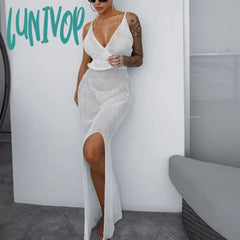 Lunivop Club Crochet Beach Maxi Dress For Women See Through Sexy Plunge Backless Bandage Sleeveless