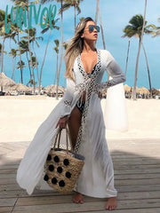 Lunivop Club Sexy Hollow Out White Summer Dress Beach Tunic Women Beachwear Long Sleeve Front Open