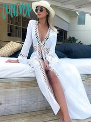 Lunivop Club Sexy Hollow Out White Summer Dress Beach Tunic Women Beachwear Long Sleeve Front Open