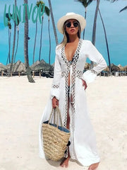 Lunivop Club Sexy Hollow Out White Summer Dress Beach Tunic Women Beachwear Long Sleeve Front Open