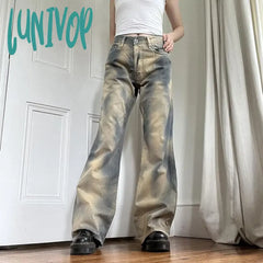 Lunivop Color Jeans Women Loose Washed Y2K Wide Leg Pant High Street Casual Fashion Streetwear