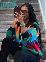 Lunivop Colorful Plaid Patchwork Knit Cardigan For Women Long Sleeve Single Breasted V Neck Female