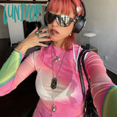Lunivop Colorful Tie Dye Long Sleeve Tees Women Pink Fashion Y2K Mesh Pullover Femme 2024 Beach