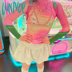 Lunivop Colorful Tie Dye Long Sleeve Tees Women Pink Fashion Y2K Mesh Pullover Femme 2024 Beach