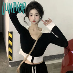 Lunivop Contrast Color Lapel Knitted Sweater Women Winter New Slim Bottoming Shirt Top Elegant