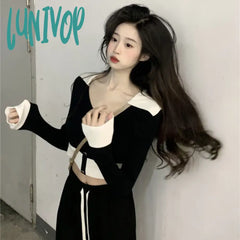 Lunivop Contrast Color Lapel Knitted Sweater Women Winter New Slim Bottoming Shirt Top Elegant