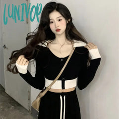 Lunivop Contrast Color Lapel Knitted Sweater Women Winter New Slim Bottoming Shirt Top Elegant