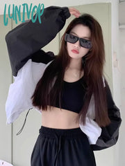 Lunivop Contrast Color Loose Turn Down Collar Jackets Women Y2K Aesthetic Casual Patchwork Coat