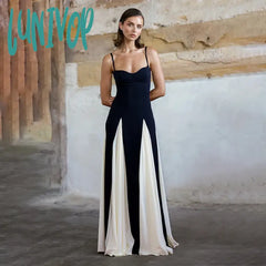 Lunivop Contrast Color Suspender Maxi Evening Dress Women’s With Lining Sexy Backless Splice