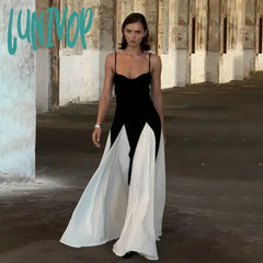 Lunivop Contrast Color Suspender Maxi Evening Dress Women’s With Lining Sexy Backless Splice