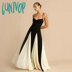 Lunivop Contrast Color Suspender Maxi Evening Dress Women’s With Lining Sexy Backless Splice