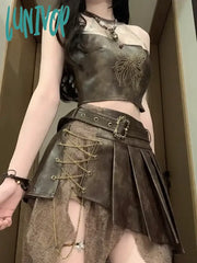 Lunivop Cool Design Neck Sleeveless Top High Waist Irregular Splicing Lace Retro Suit Tide Pure