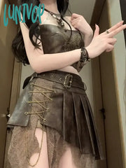 Lunivop Cool Design Neck Sleeveless Top High Waist Irregular Splicing Lace Retro Suit Tide Pure