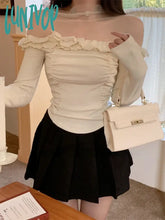 Lunivop Coquette Beige Crop T-Shirts Women Y2K Fairycore Ruffles Mesh Patchwork Long Sleeve Tops