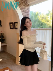 Lunivop Coquette Beige Crop T-Shirts Women Y2K Fairycore Ruffles Mesh Patchwork Long Sleeve Tops