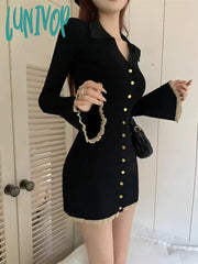 Lunivop Coquette Black Mini Cabaret Dress Women Korean Style Y2K Sweet Ruffles Long Flare Sleeve