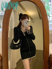 Lunivop Coquette Black Mini Cabaret Dress Women Korean Style Y2K Sweet Ruffles Long Flare Sleeve