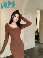 Lunivop Coquette Brown Dress Women Korean Style Mixi Prom Dresses Elegant Vintage Long Sleeve One