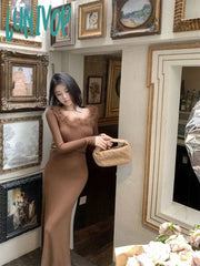 Lunivop Coquette Brown Dress Women Korean Style Mixi Prom Dresses Elegant Vintage Long Sleeve One