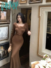 Lunivop Coquette Brown Dress Women Korean Style Mixi Prom Dresses Elegant Vintage Long Sleeve One