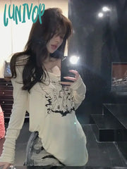 Lunivop Coquette Off Shoulder Beige T-Shirts Women Y2K Style Irregular Long Sleeve Oversized Tops