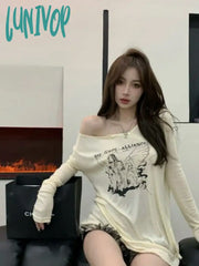 Lunivop Coquette Off Shoulder Beige T-Shirts Women Y2K Style Irregular Long Sleeve Oversized Tops