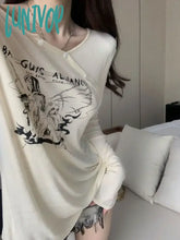 Lunivop Coquette Off Shoulder Beige T-Shirts Women Y2K Style Irregular Long Sleeve Oversized Tops