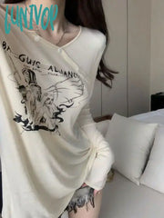 Lunivop Coquette Off Shoulder Beige T-Shirts Women Y2K Style Irregular Long Sleeve Oversized Tops