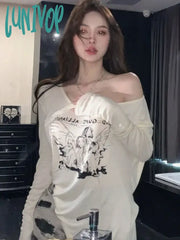 Lunivop Coquette Off Shoulder Beige T-Shirts Women Y2K Style Irregular Long Sleeve Oversized Tops