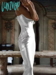 Lunivop Coquette Sexy Spaghetti Strap Summer Dress Women Elegant Lace Up Long Satin Party Dresses