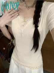 Lunivop Coquette Y2K Beige Floral T-Shirts Women Sweet Fairycore Short Sleeve Tees Korean Style