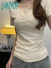 Lunivop Coquette Y2K Beige Floral T-Shirts Women Sweet Fairycore Short Sleeve Tees Korean Style