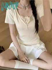 Lunivop Coquette Y2K Beige Floral T-Shirts Women Sweet Fairycore Short Sleeve Tees Korean Style