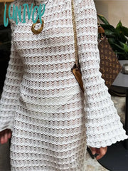 Lunivop Crochet Hollow Out Long Dresses Women 2024 New O-Neck Backless Slim Transparent Holiday